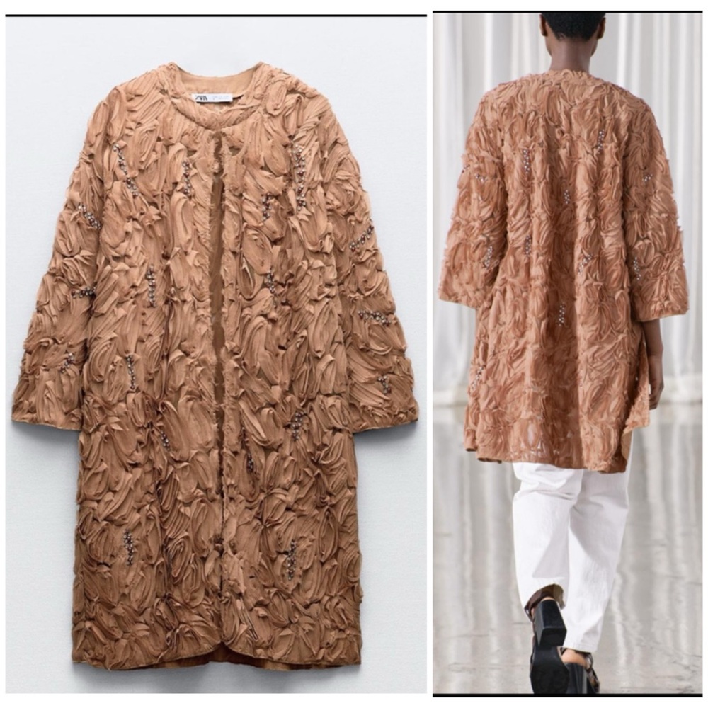 Zara structured floral rhinestones pearl beading duster coat